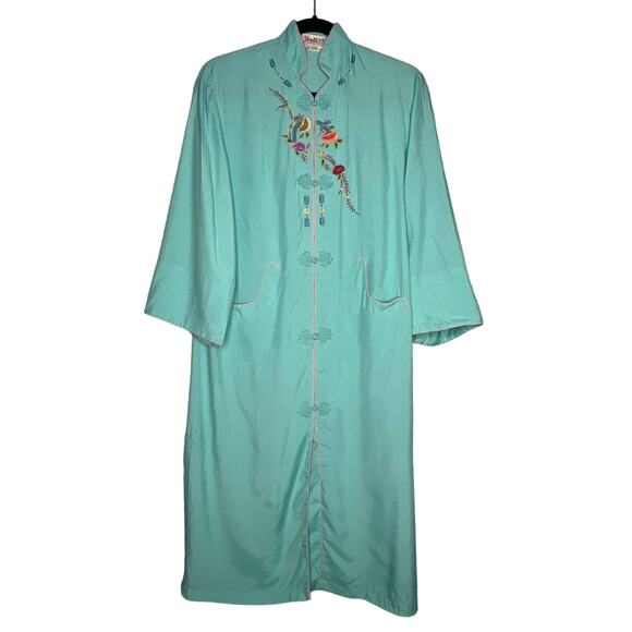 Vintage 60s Chinese Embroidered Robe Size Small Aqua Rayon House Coat Embroidery - Picture 1 of 11